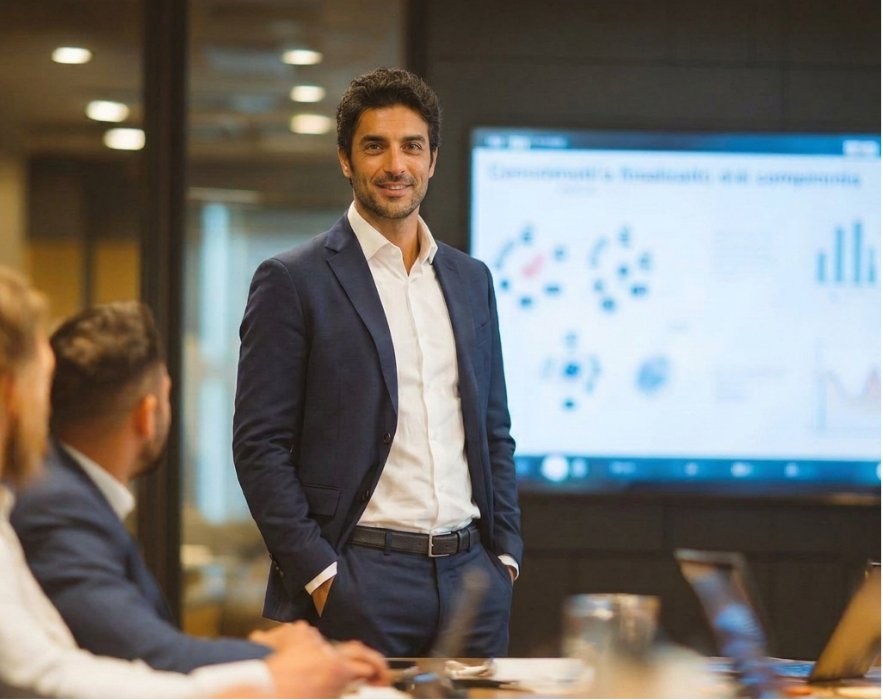 A Ridge Theory advisor presenting deal analytics to a client team in a boardroom